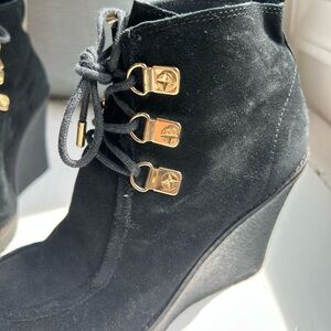 C. Wonder Black Wedge Boots with Gold Accents